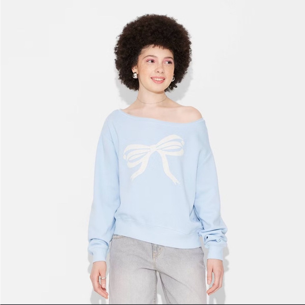 Off-the-Shoulder Blue Sweater with Bow Design